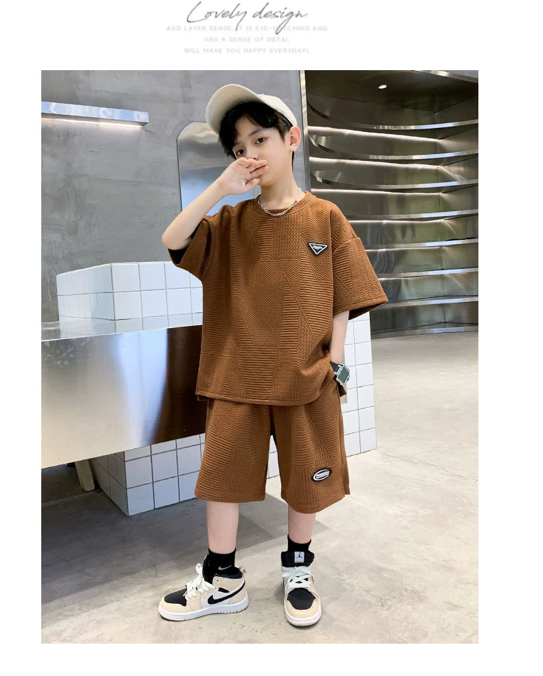 New Summer Boys Clothes Sets Teen Short Sweatshirt + Pants Children Clothing Solid Kids Boy Sport Suits 4 6 8 10 12 14 Years