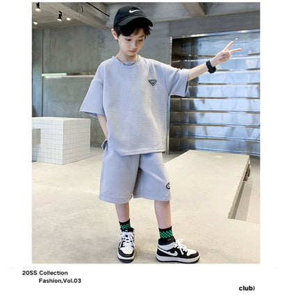 New Summer Boys Clothes Sets Teen Short Sweatshirt + Pants Children Clothing Solid Kids Boy Sport Suits 4 6 8 10 12 14 Years