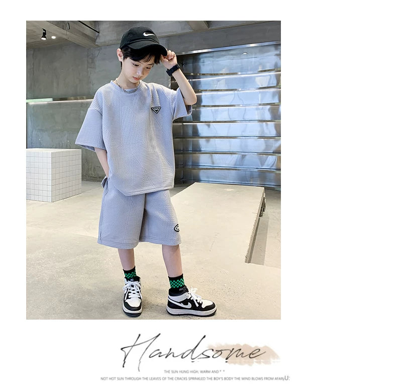 New Summer Boys Clothes Sets Teen Short Sweatshirt + Pants Children Clothing Solid Kids Boy Sport Suits 4 6 8 10 12 14 Years
