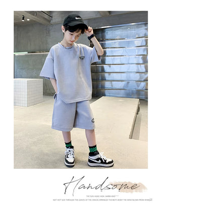 New Summer Boys Clothes Sets Teen Short Sweatshirt + Pants Children Clothing Solid Kids Boy Sport Suits 4 6 8 10 12 14 Years