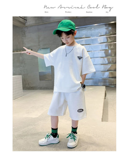 New Summer Boys Clothes Sets Teen Short Sweatshirt + Pants Children Clothing Solid Kids Boy Sport Suits 4 6 8 10 12 14 Years
