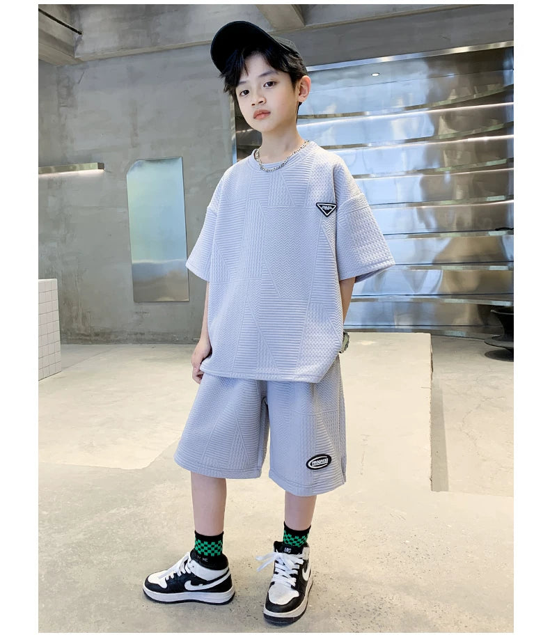 New Summer Boys Clothes Sets Teen Short Sweatshirt + Pants Children Clothing Solid Kids Boy Sport Suits 4 6 8 10 12 14 Years