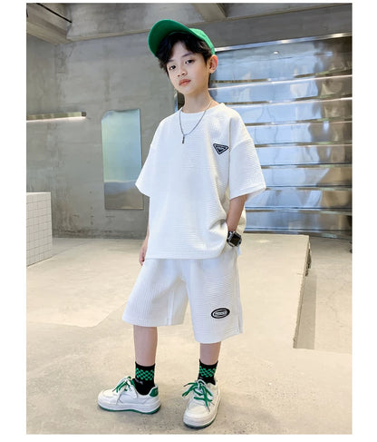 New Summer Boys Clothes Sets Teen Short Sweatshirt + Pants Children Clothing Solid Kids Boy Sport Suits 4 6 8 10 12 14 Years