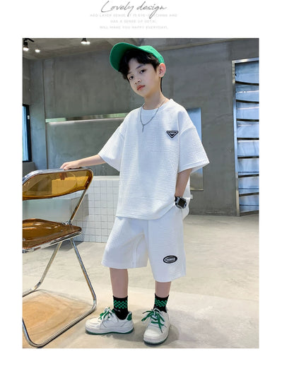 New Summer Boys Clothes Sets Teen Short Sweatshirt + Pants Children Clothing Solid Kids Boy Sport Suits 4 6 8 10 12 14 Years
