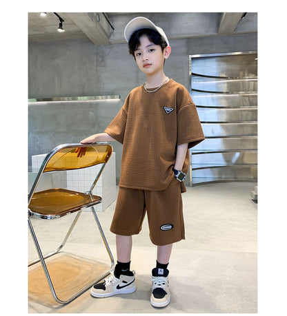 New Summer Boys Clothes Sets Teen Short Sweatshirt + Pants Children Clothing Solid Kids Boy Sport Suits 4 6 8 10 12 14 Years