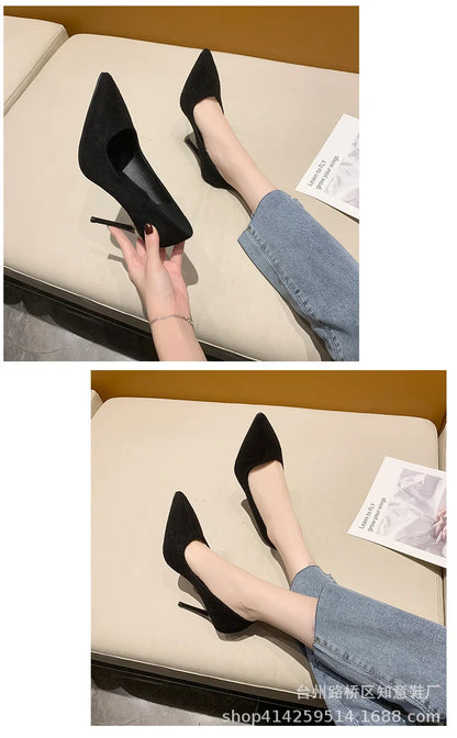 Women's Shoes Concise Flock High Heels Women Pumps Pointed Toe Classic Red Gray Ladies Wedding Shoes Office Big Size 34-43
