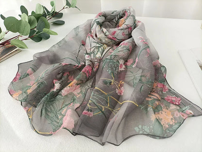 Women Elegant Chiffon Silk Scarves Fashion Versatile Flower Wraps Summer Beach Sunscreen Thin Scarf Georgette Bandana Hijab