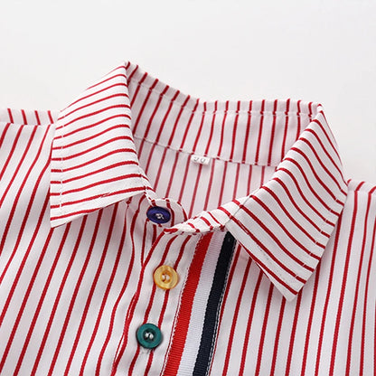 Summer Boys Clothing Set Cotton Striped Short Sleeve Lapel Shirt Pants 2Pcs Suit For 2-6 Years Kids Casual Outfits Elegant Suit