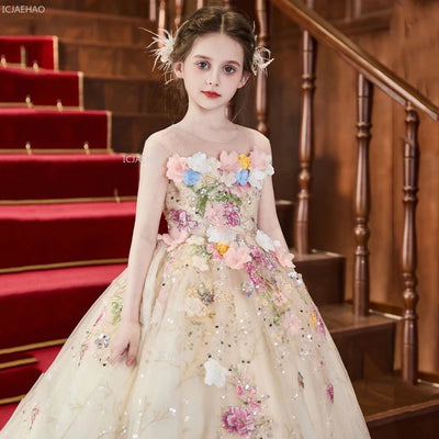 Elegant Girls Party Dress with Flowers for Girl Wedding Children Pageant Gown Dresses Little Host Piano Recital Flower Eids