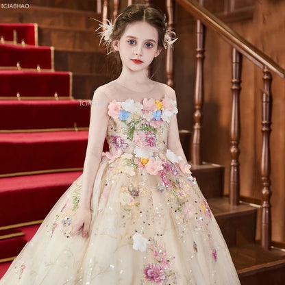 Elegant Girls Party Dress with Flowers for Girl Wedding Children Pageant Gown Dresses Little Host Piano Recital Flower Eids