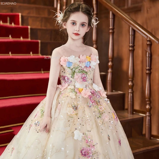 Elegant Girls Party Dress with Flowers for Girl Wedding Children Pageant Gown Dresses Little Host Piano Recital Flower Eids