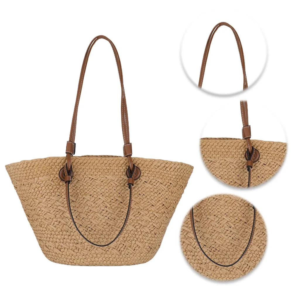 Women Woven Tote Bag Fashion Shoulder Bag Large Capacity Summer Beach Bags Simple Woven Handbag Chic Hobo Bag for Outdoor Travel