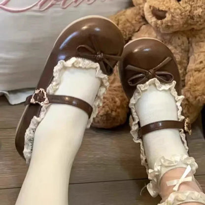 Women's Fashion Single Shoes Spring New Round Head Shallow Mouth Butterfly Knot Metal Buckle Soft Sole Non-slip Flat Shoes