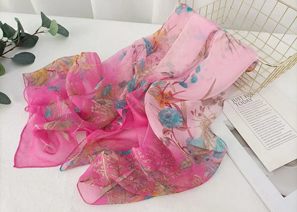 Women Elegant Chiffon Silk Scarves Fashion Versatile Flower Wraps Summer Beach Sunscreen Thin Scarf Georgette Bandana Hijab