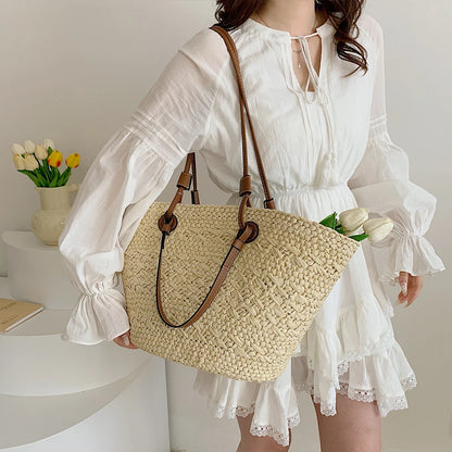 Women Woven Tote Bag Fashion Shoulder Bag Summer Beach Bags Trendy Braided Bag Simple Woven Handbag for Outdoor Travel