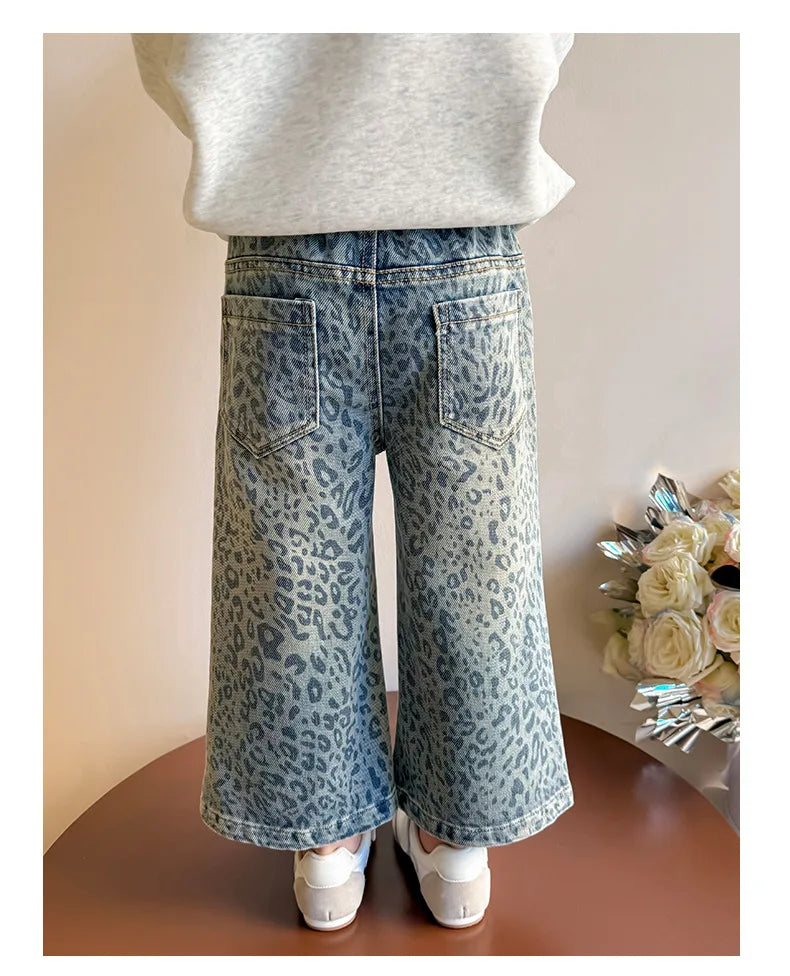 Girls' Pants 2025 New Children's Spring Clothing Spring and Autumn Fashionable Jeans Baby Girl Leopard Print Wide-leg Pants