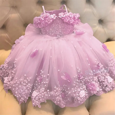 Baby Girls Dresses Off Shoulder Pearls Lace Butterflies Flower Girl Dress Infant First Birthday Party Gown