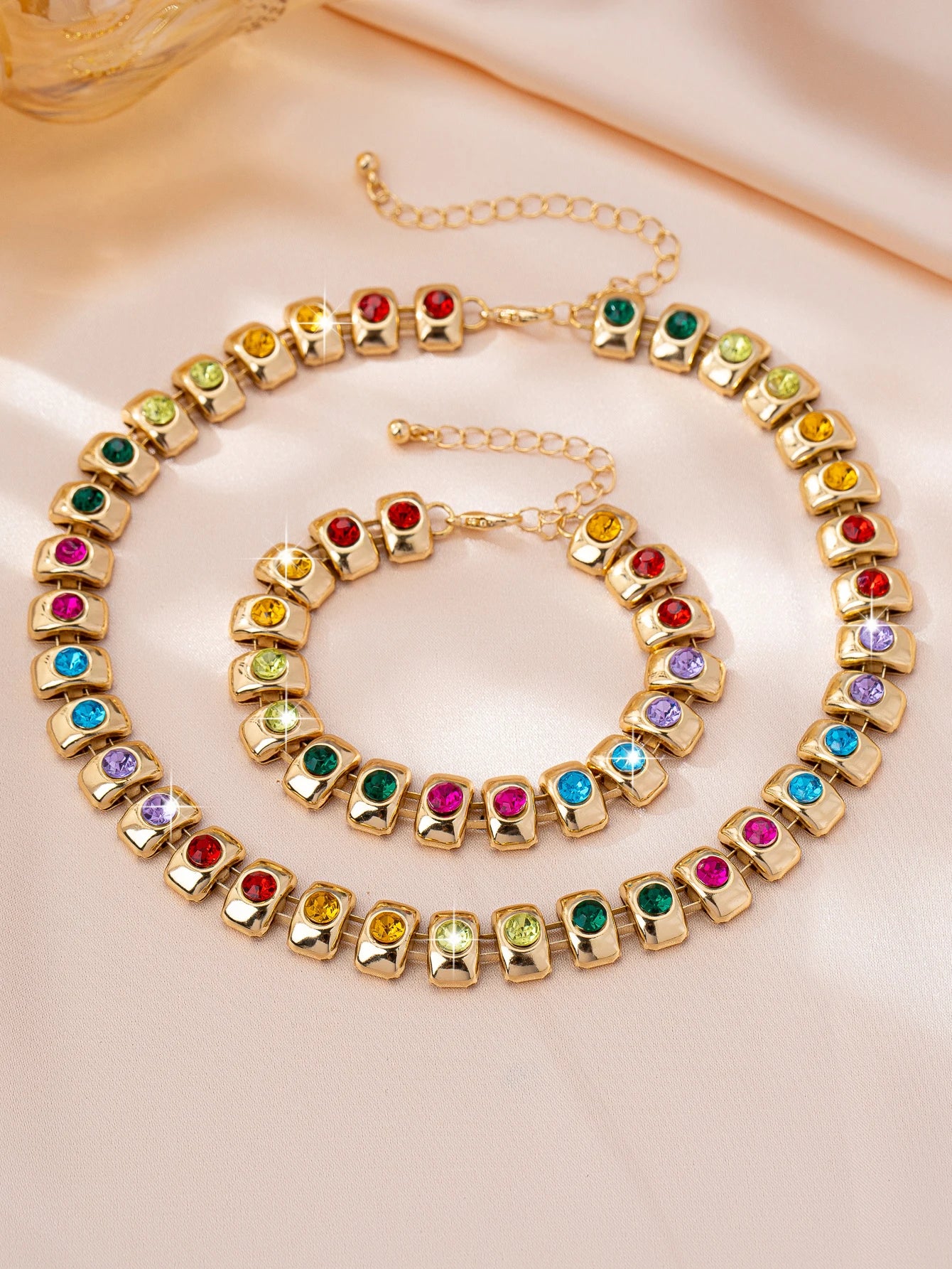Women's Personalized Summer Bright and Luxurious High-End Full-Diamond Bracelet and Necklace Set