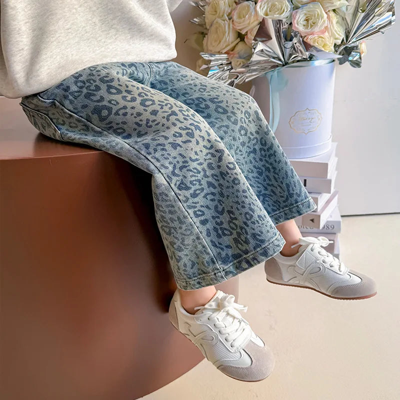Girls' Pants 2025 New Children's Spring Clothing Spring and Autumn Fashionable Jeans Baby Girl Leopard Print Wide-leg Pants