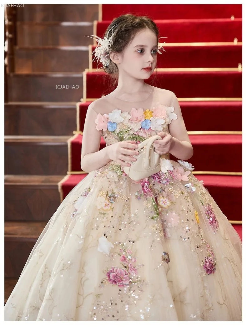 Elegant Girls Party Dress with Flowers for Girl Wedding Children Pageant Gown Dresses Little Host Piano Recital Flower Eids