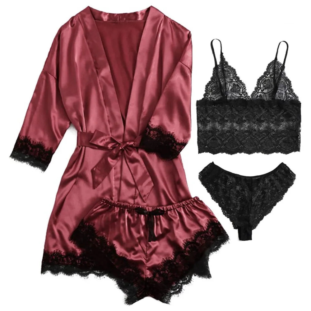 Women Homewear Elegant Satin Pajamas Outfit Bowknot V-Neck Shorts Camisole Nightdress Loose Panties Lace Sleepwear Sets Summer
