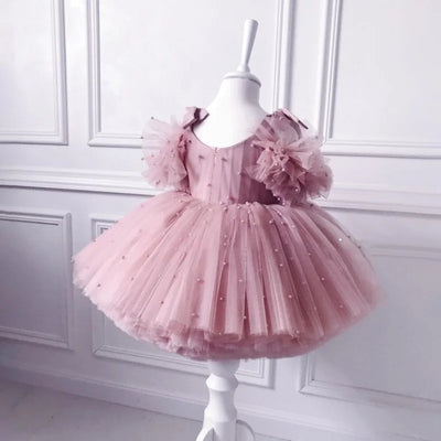 Baby Girls Party Dresses For 1st Birthday Elegant Children Tutu Dresses Pearl Decoration Wedding Flower Girl Princess Vestidos