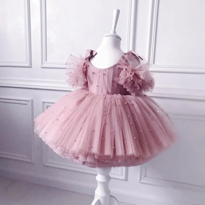 Baby Girls Party Dresses For 1st Birthday Elegant Children Tutu Dresses Pearl Decoration Wedding Flower Girl Princess Vestidos