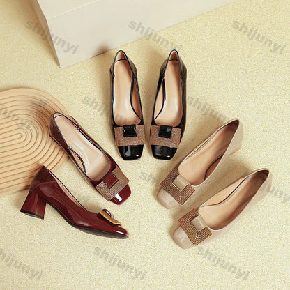 Women's Shoes 2025 New Summer Thick Heels Non Slip High Heels Women Square Head Elegant Middle Wedding Pumps High Quality
