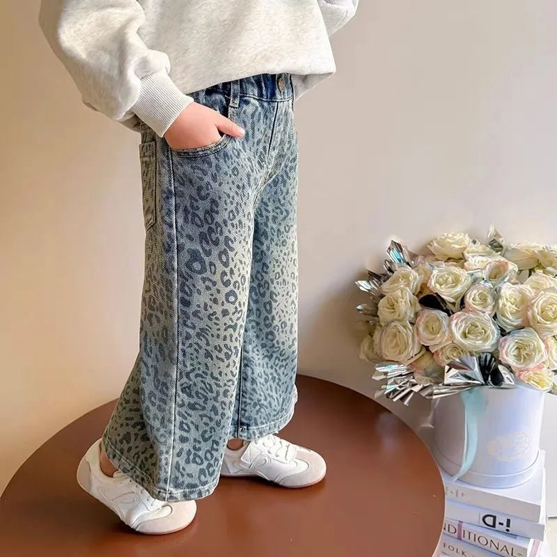 Girls' Pants 2025 New Children's Spring Clothing Spring and Autumn Fashionable Jeans Baby Girl Leopard Print Wide-leg Pants