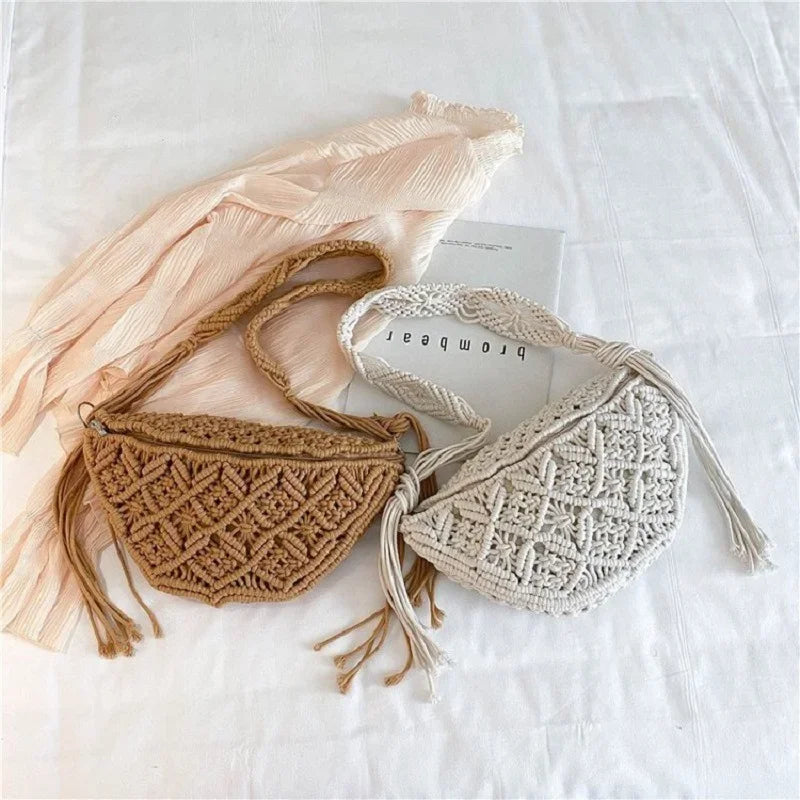 Women's Summer Beach Knitted Bag Bohemia Fanny Pack Fashion Ethnic Style Crochet Waist Bag Shoulder Bag Woven Outdoor Tote 2024