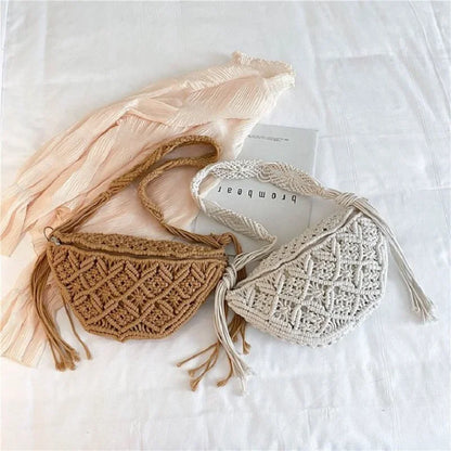 Women's Summer Beach Knitted Bag Bohemia Fanny Pack Fashion Ethnic Style Crochet Waist Bag Shoulder Bag Woven Outdoor Tote 2024