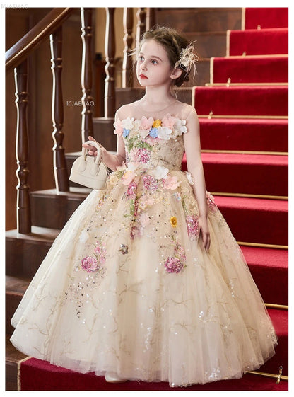 Elegant Girls Party Dress with Flowers for Girl Wedding Children Pageant Gown Dresses Little Host Piano Recital Flower Eids
