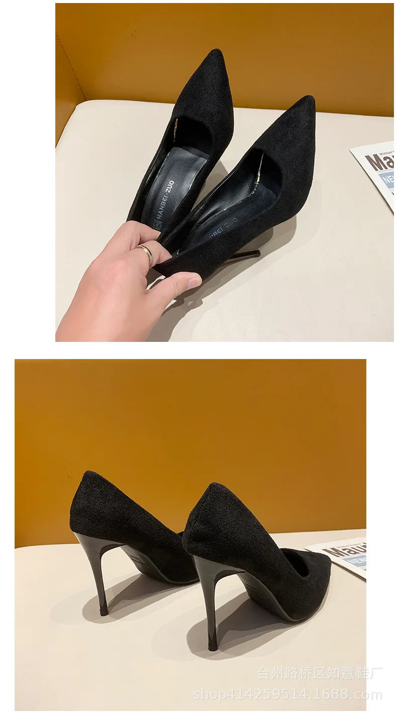 Women's Shoes Concise Flock High Heels Women Pumps Pointed Toe Classic Red Gray Ladies Wedding Shoes Office Big Size 34-43