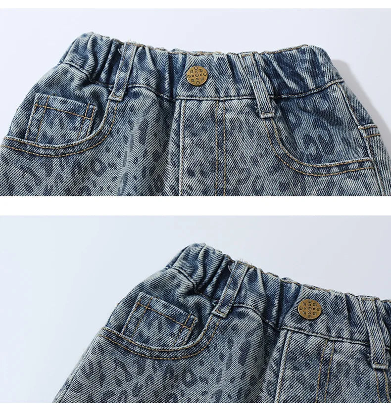 Girls' Pants 2025 New Children's Spring Clothing Spring and Autumn Fashionable Jeans Baby Girl Leopard Print Wide-leg Pants