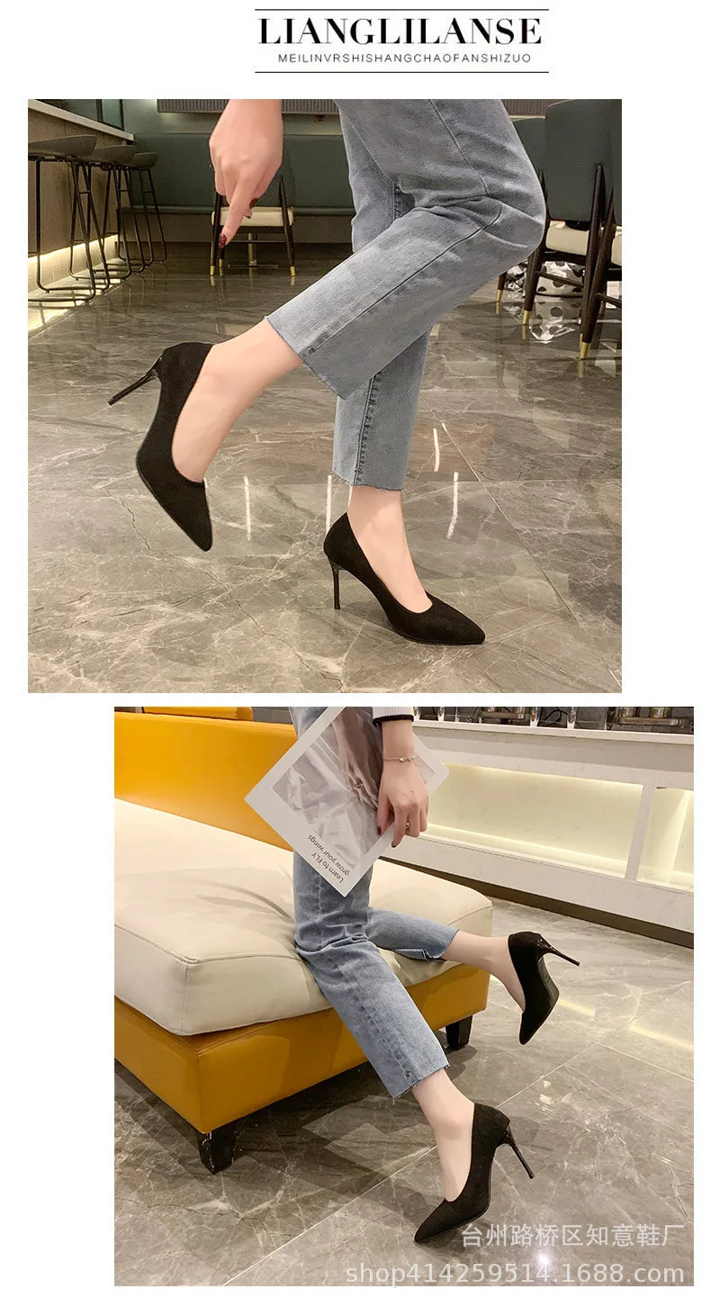Women's Shoes Concise Flock High Heels Women Pumps Pointed Toe Classic Red Gray Ladies Wedding Shoes Office Big Size 34-43
