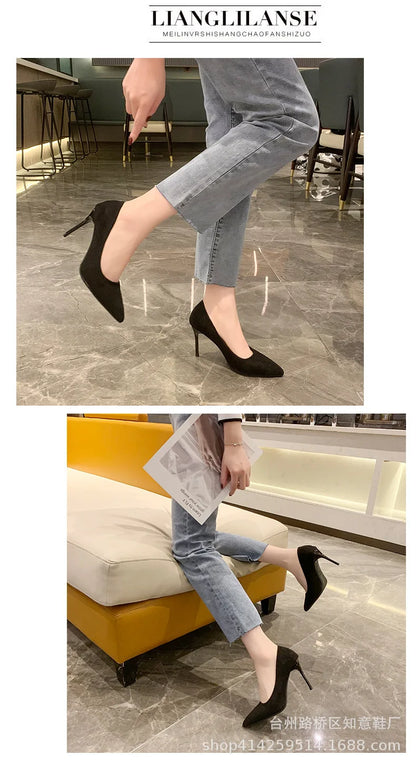 Women's Shoes Concise Flock High Heels Women Pumps Pointed Toe Classic Red Gray Ladies Wedding Shoes Office Big Size 34-43