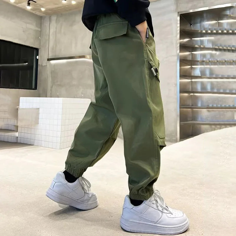 Boys Fashion Letter Print Cotton Cargo Pants 5-14 Years Spring Autumn Casual Sweatpants for Daily Outdoor Kids Clothes