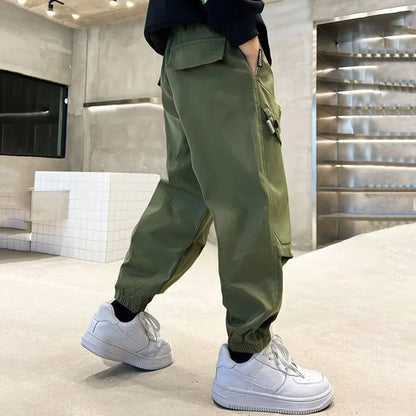 Boys Fashion Letter Print Cotton Cargo Pants 5-14 Years Spring Autumn Casual Sweatpants for Daily Outdoor Kids Clothes