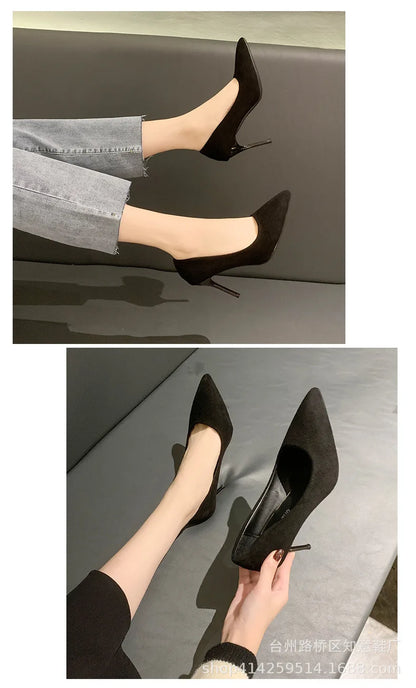 Women's Shoes Concise Flock High Heels Women Pumps Pointed Toe Classic Red Gray Ladies Wedding Shoes Office Big Size 34-43