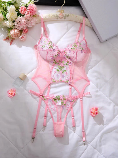Women's Underwear with Garter Belt Pink Tulle Sexy Lingerie Romantic Floral Embroidery Bra Panties Sets See Through Lingerie Set