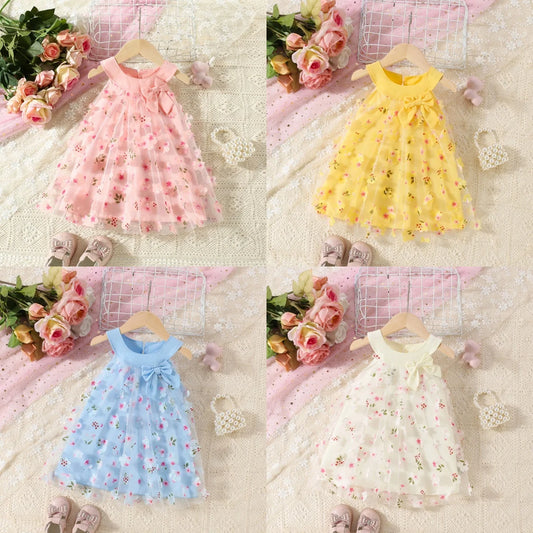 Baby Girl Dresses Summer Full Printed Flower Mesh Princess Dresses Girl Bow Wedding Flower Girl Costumes