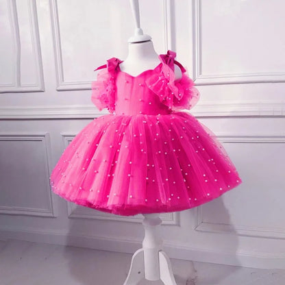Baby Girls Party Dresses For 1st Birthday Elegant Children Tutu Dresses Pearl Decoration Wedding Flower Girl Princess Vestidos
