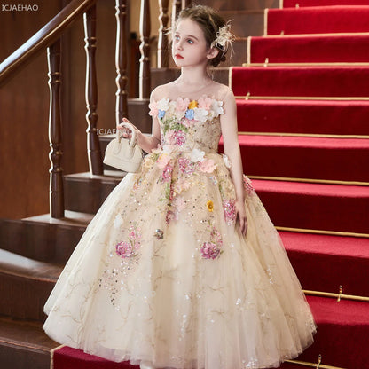 Elegant Girls Party Dress with Flowers for Girl Wedding Children Pageant Gown Dresses Little Host Piano Recital Flower Eids