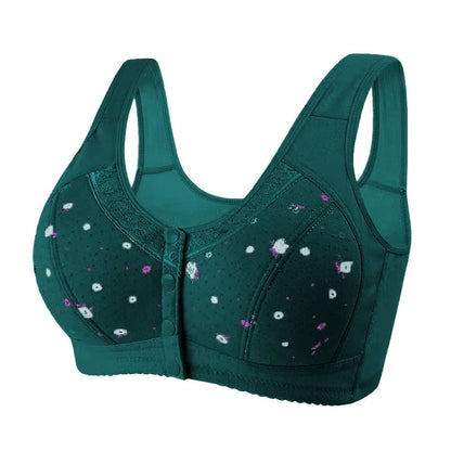 Women'S Underwear Without Steel Ring Bra Front Buckle Lace Border Printed Vest Bra Comfortable Soft Middle-Aged Elderly
