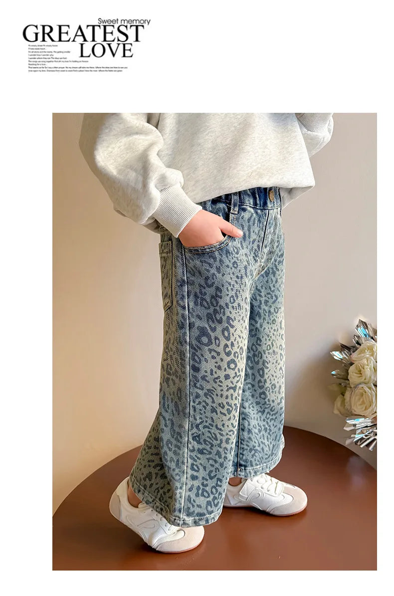Girls' Pants 2025 New Children's Spring Clothing Spring and Autumn Fashionable Jeans Baby Girl Leopard Print Wide-leg Pants