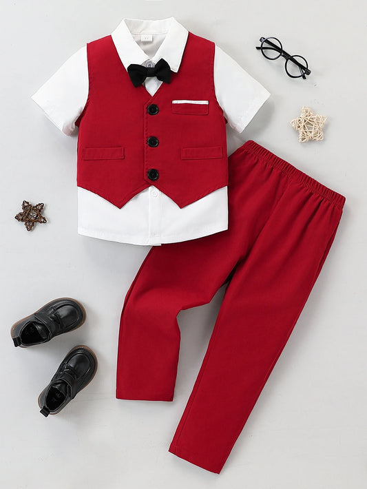 Boys summer party dress white short-sleeved shirt with bow shirt + red vest + red trousers gentleman's suit