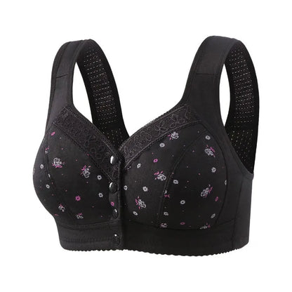 Women'S Underwear Without Steel Ring Bra Front Buckle Lace Border Printed Vest Bra Comfortable Soft Middle-Aged Elderly