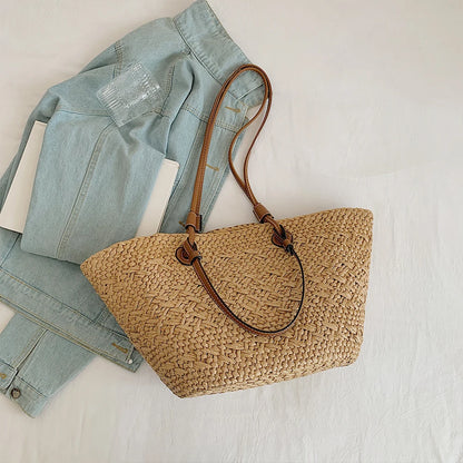 Women Woven Tote Bag Fashion Shoulder Bag Large Capacity Summer Beach Bags Simple Woven Handbag Chic Hobo Bag for Outdoor Travel