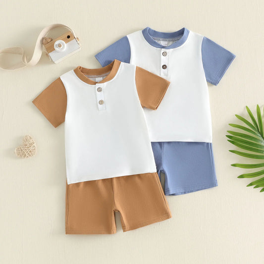 Summer Toddler Baby Boys Outfits Contrast Color Button Short Sleeve Tops Solid Shorts Clothes Set