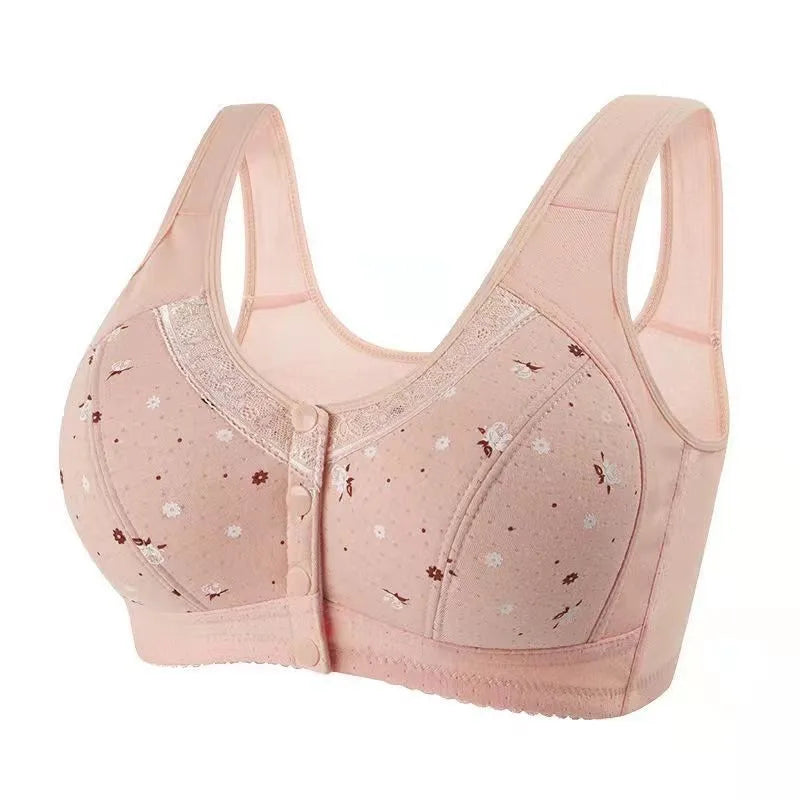 Women'S Underwear Without Steel Ring Bra Front Buckle Lace Border Printed Vest Bra Comfortable Soft Middle-Aged Elderly